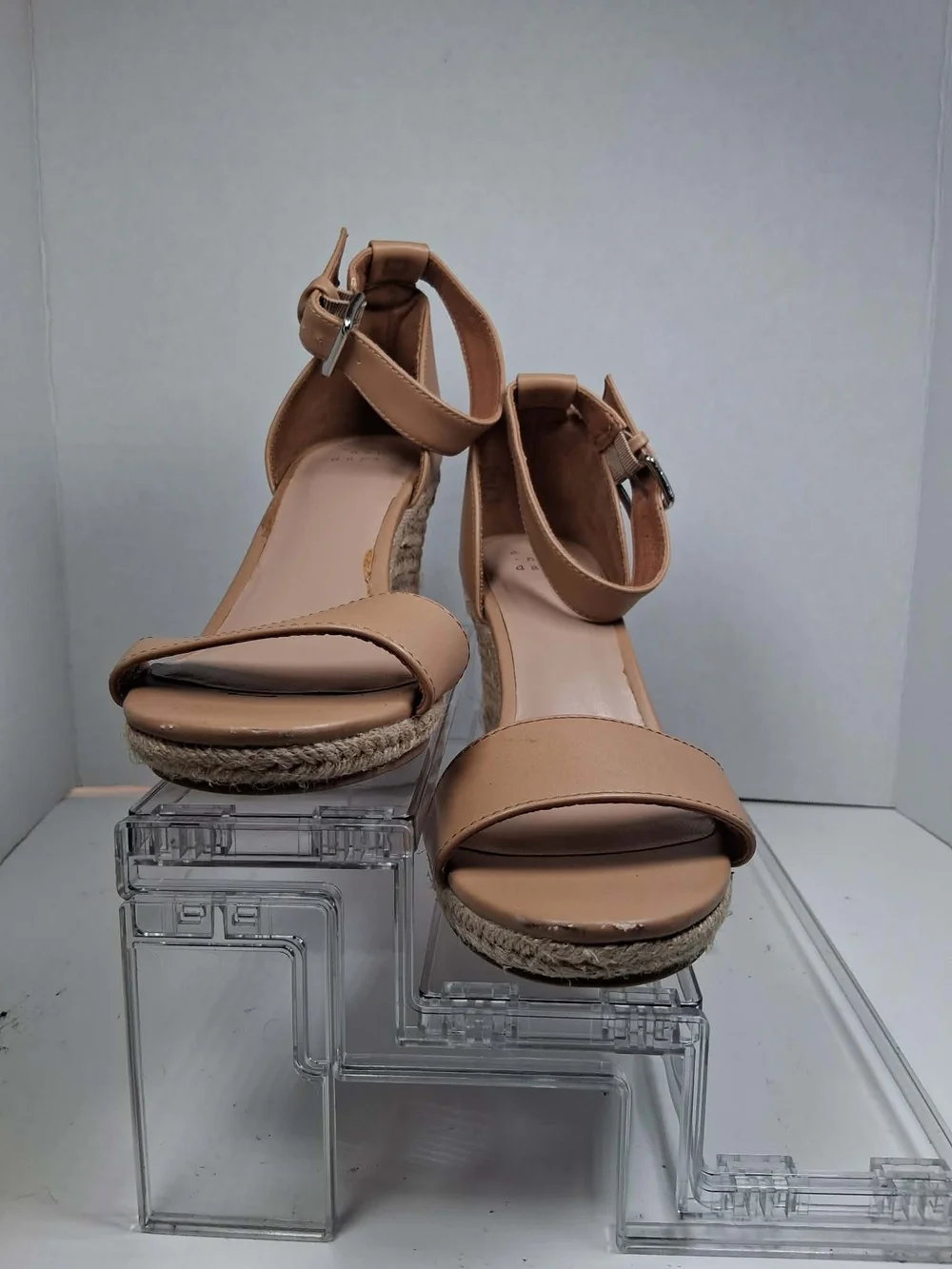 A New Day Tan Faux Leather Wedge Sandals Buckle Ankle Strap Women's US 8